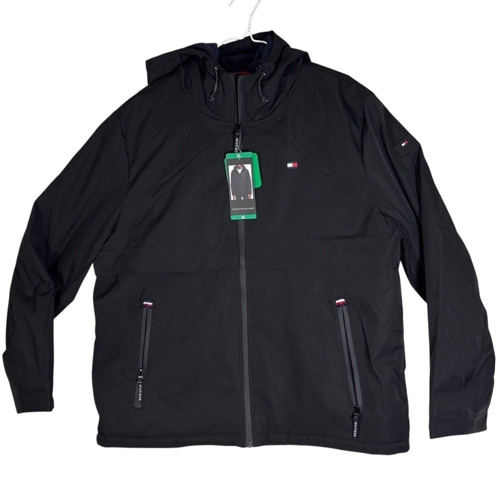 Tommy Hilfiger Mens Black Hooded Softshell Jacket Water Resistant XL NWT